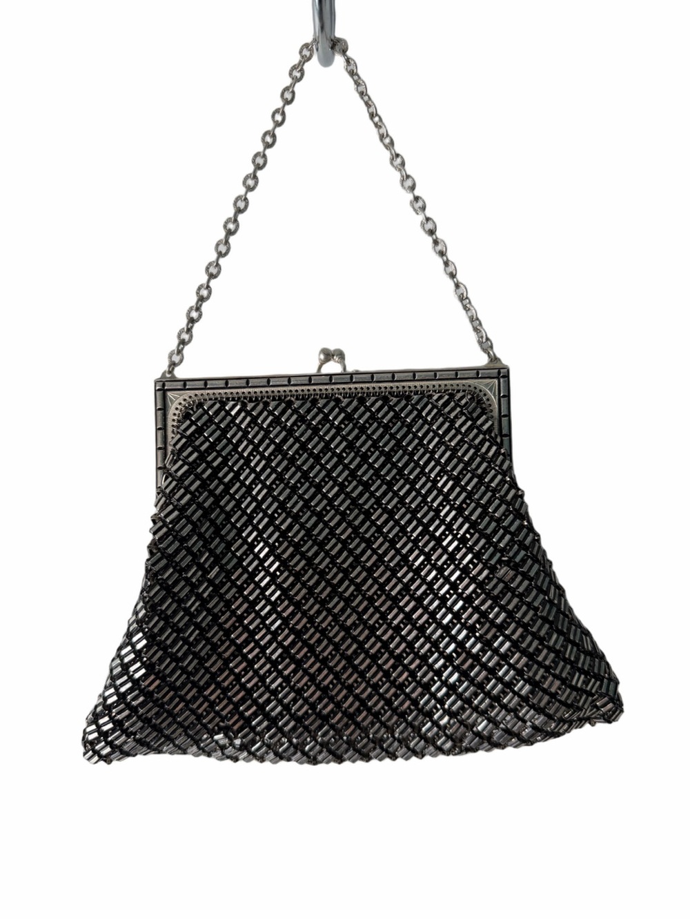 Vintage Whiting & Davis Black Metal Mesh Evening Bag Kiss Lock Clutch